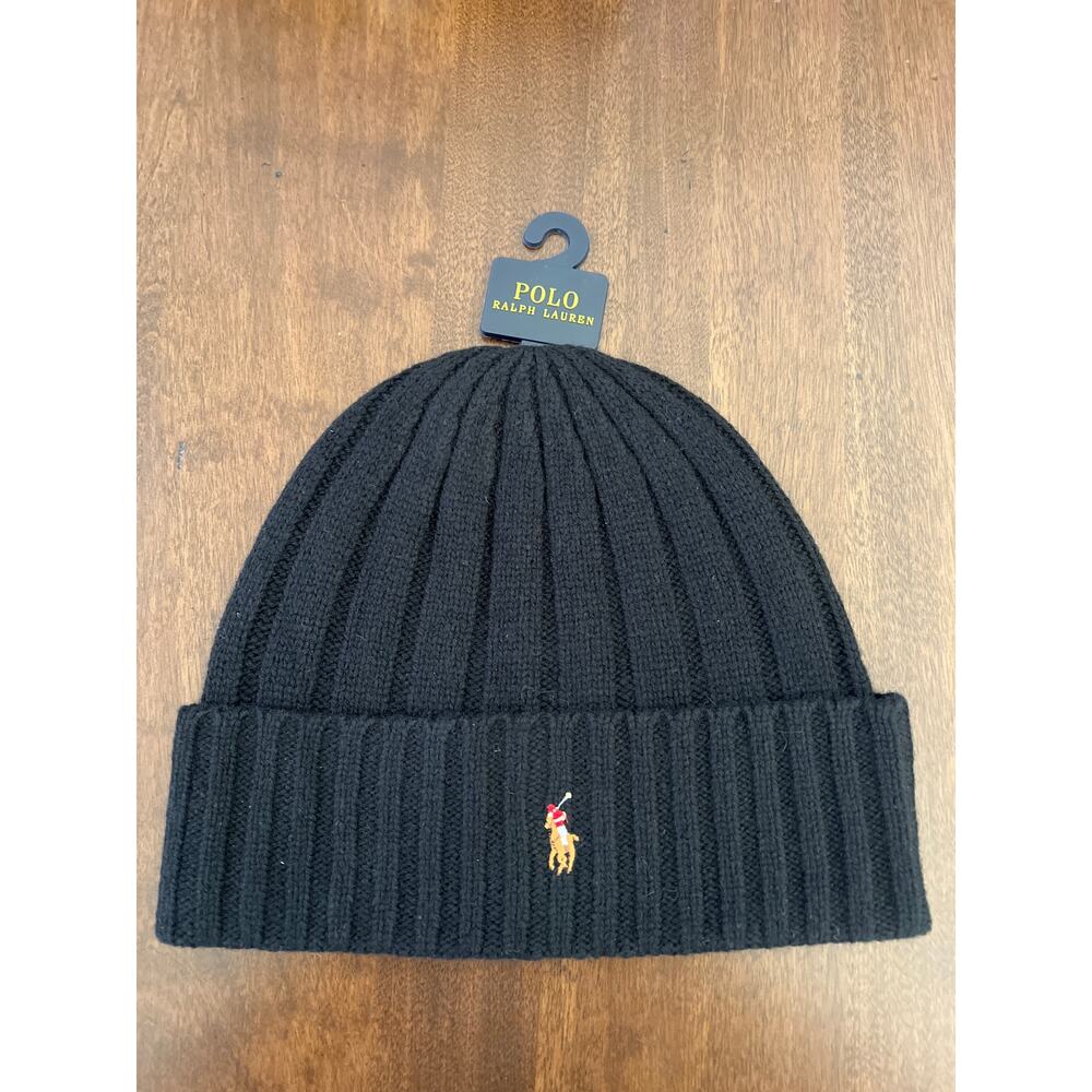 Polo Ralph Lauren Beanie Mens Black Flesh Pony Wool Blend Rib Knit Cuff NEW